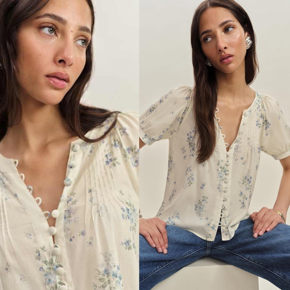 NWT Reformation Calia Top Medium Blue Floral Button Front Blouse